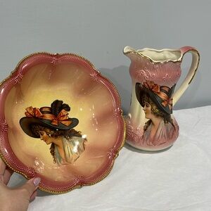 RS Prussia vintage bowl and pitcher set Victorian woman face signed by Monreau